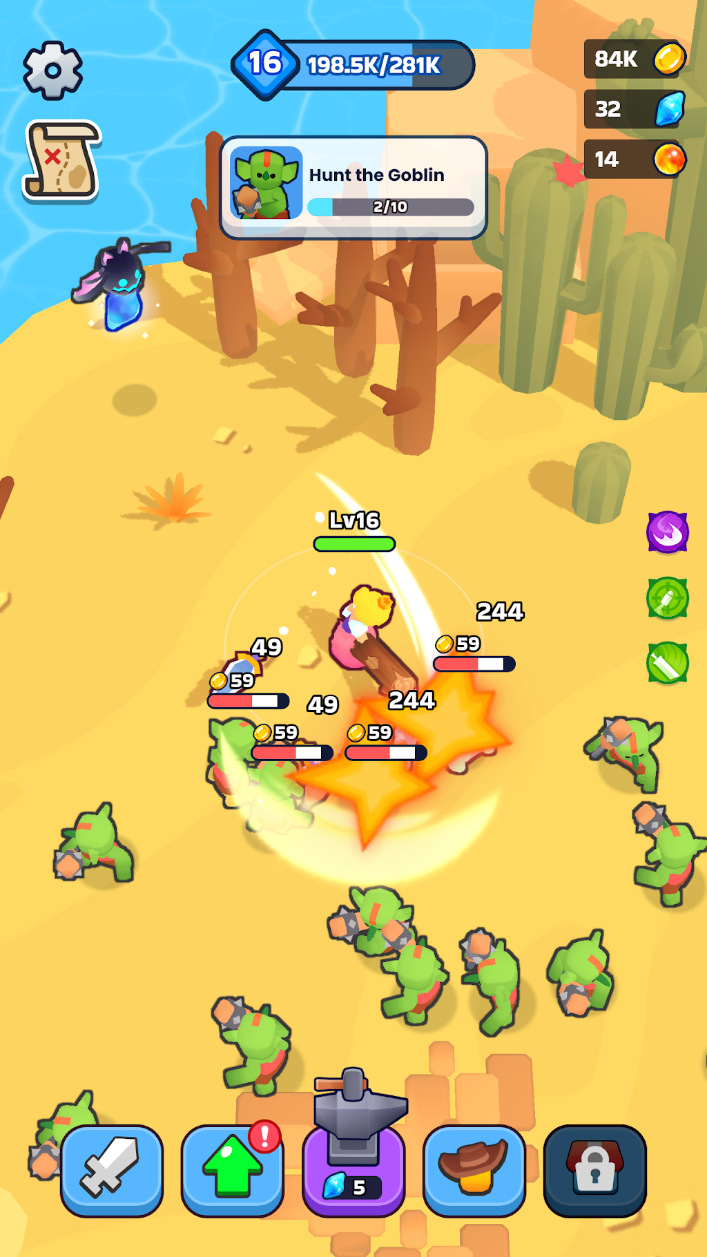XP Hero 砂漠でゴブリンと戦う画面